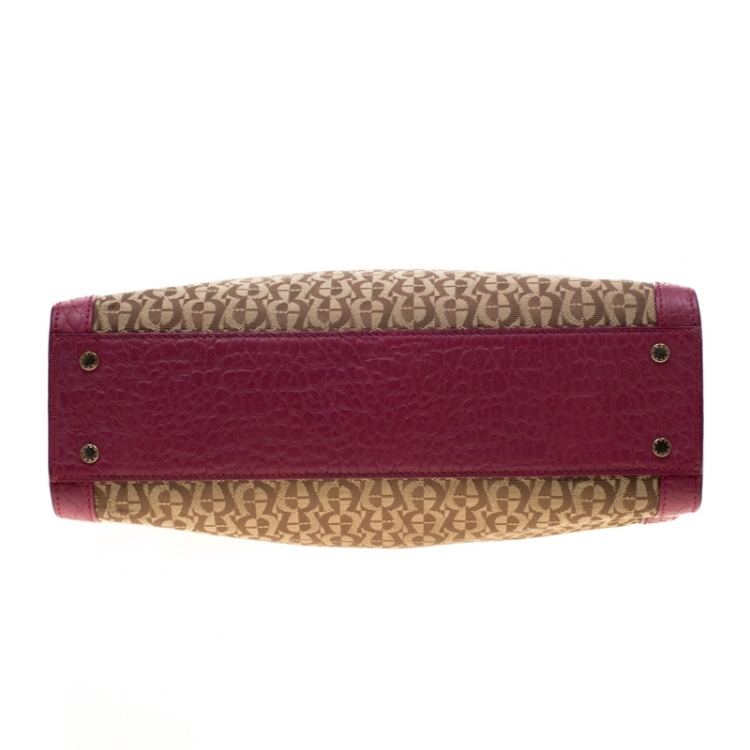 Pre Owned Aigner Beige/Magenta Canvas and Leather Cavallina Top Handle Bag