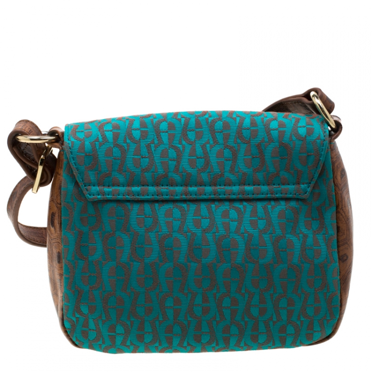 Pre Owned Aigner Brown/Teal Signature Canvas and Leather Crossbody Bag