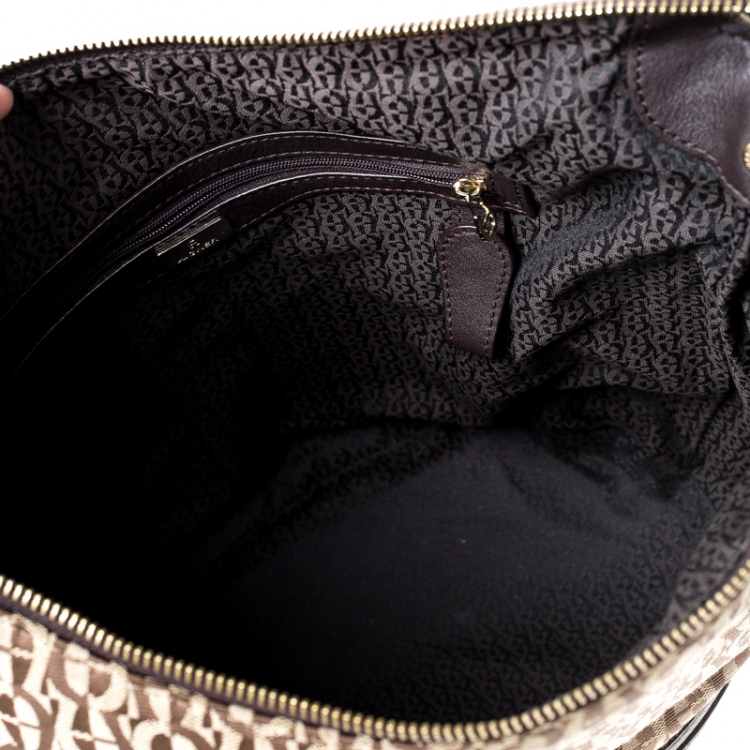 Pre Owned Aigner Brown/Beige Signature Canvas and Leather Hobo
