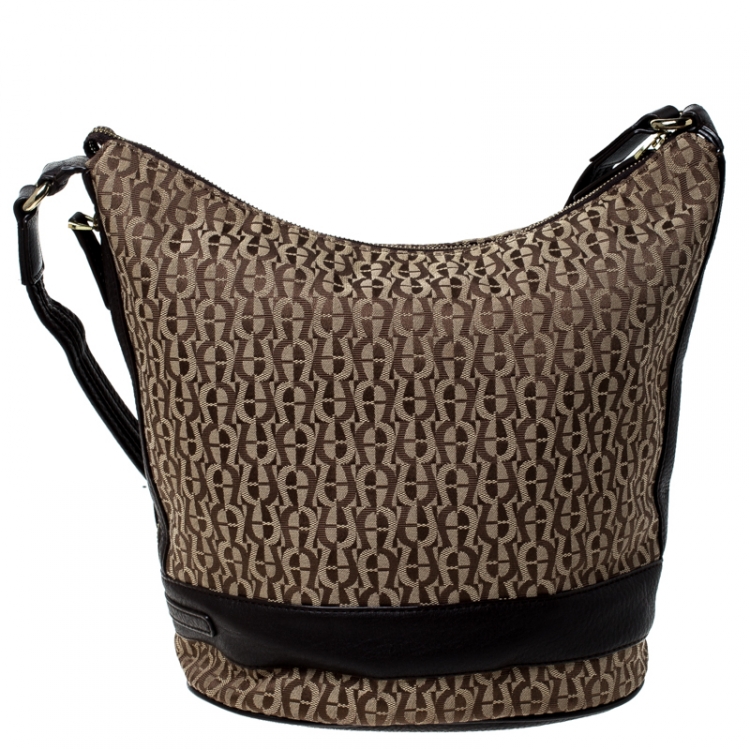 Pre Owned Aigner Brown/Beige Signature Canvas and Leather Hobo