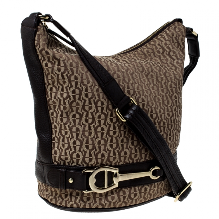 Pre Owned Aigner Brown/Beige Signature Canvas and Leather Hobo