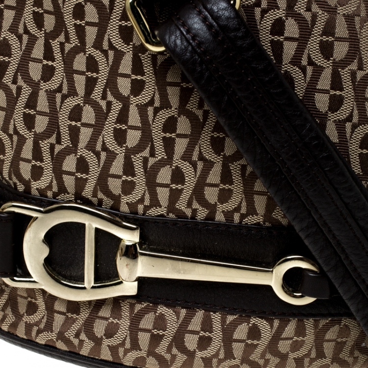 Pre Owned Aigner Brown/Beige Signature Canvas and Leather Hobo