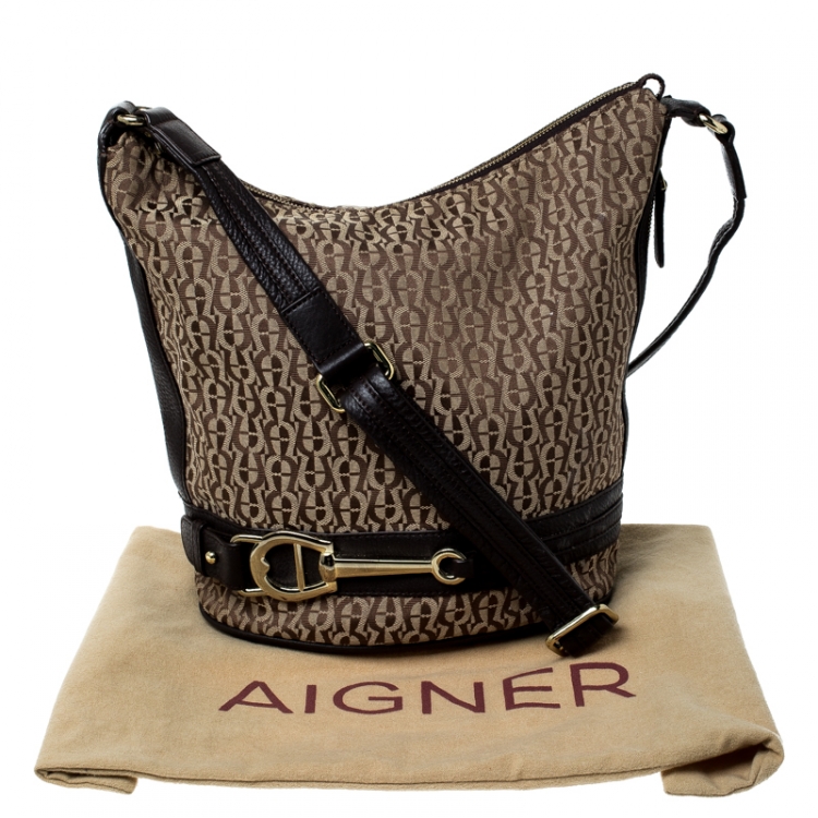 Pre Owned Aigner Brown/Beige Signature Canvas and Leather Hobo