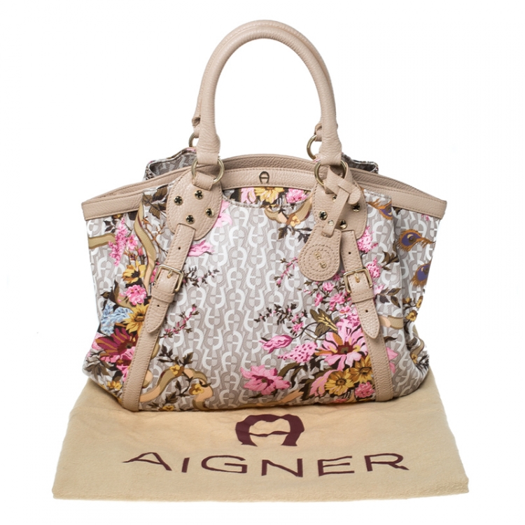 Pre Owned Aigner Beige Floral Print PVC and Leather Satchel