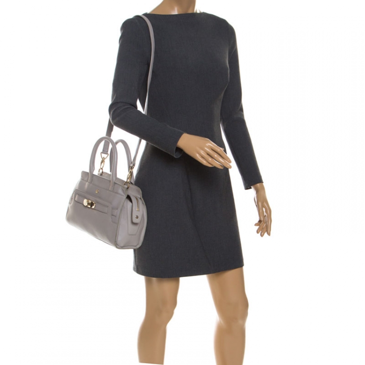 Pre Owned Aigner Light Grey Leather Turnlock Shoulder Bag
