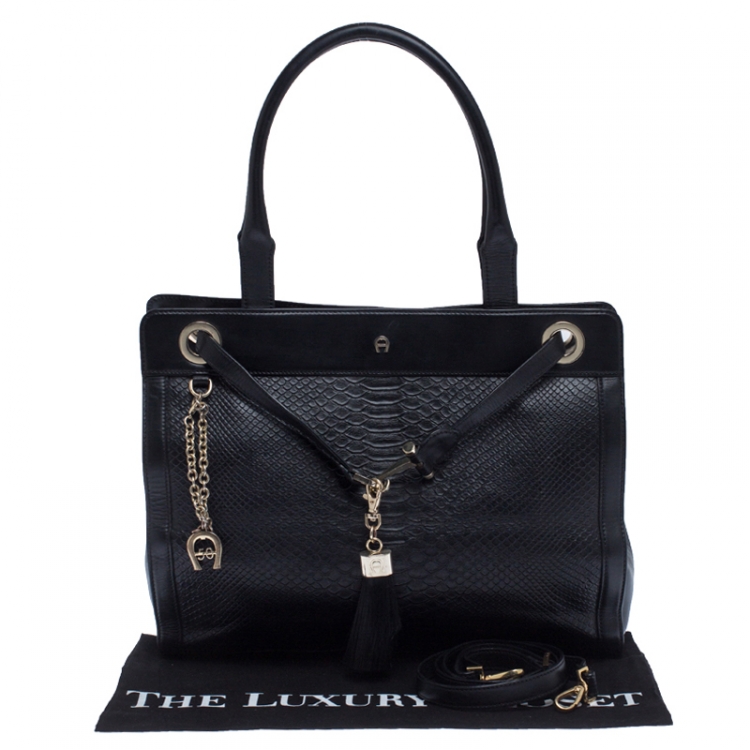 Pre Owned Aigner Black Python Embossed Leather Cavallina Tote