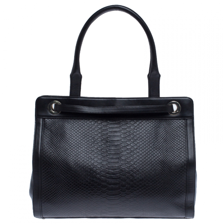 Pre Owned Aigner Black Python Embossed Leather Cavallina Tote