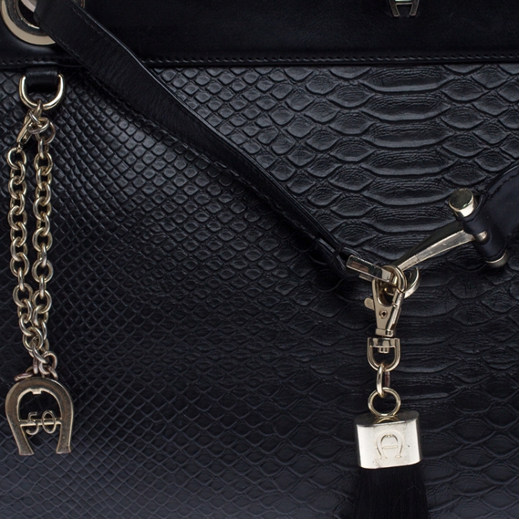 Pre Owned Aigner Black Python Embossed Leather Cavallina Tote