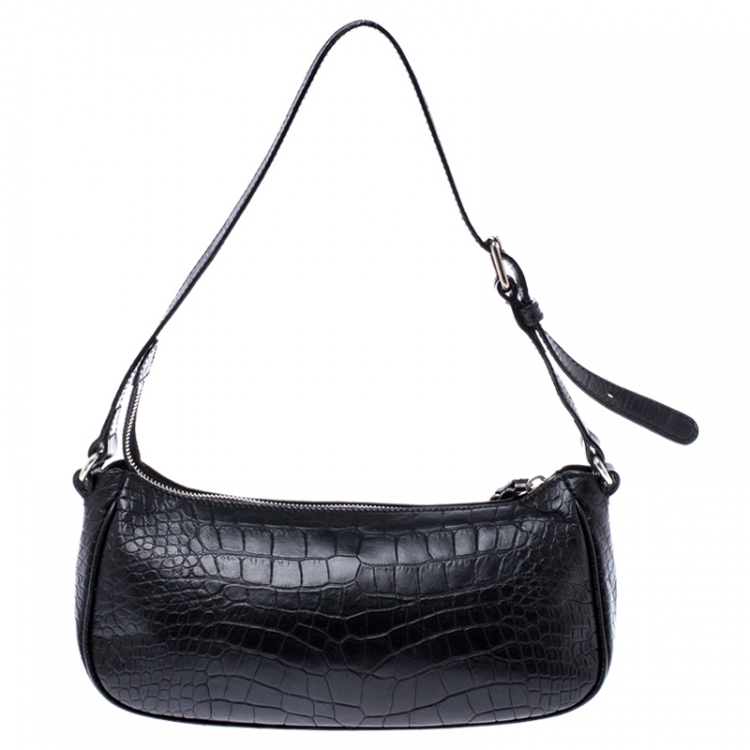 Pre Owned Aigner Black Croc Embossed Leather Shoulder Bag
