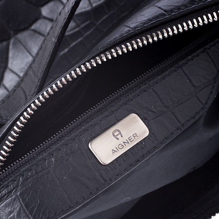 Pre Owned Aigner Black Croc Embossed Leather Shoulder Bag