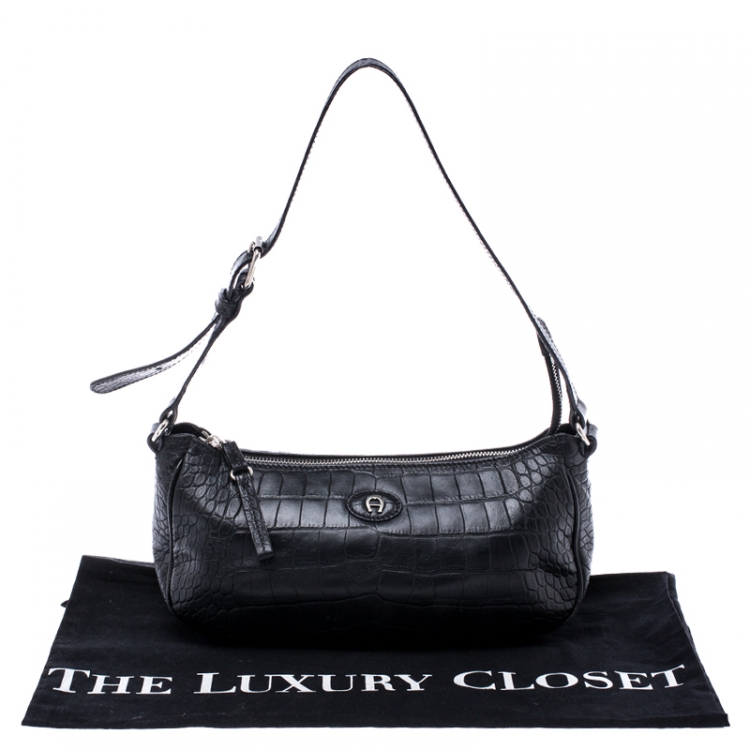 Pre Owned Aigner Black Croc Embossed Leather Shoulder Bag
