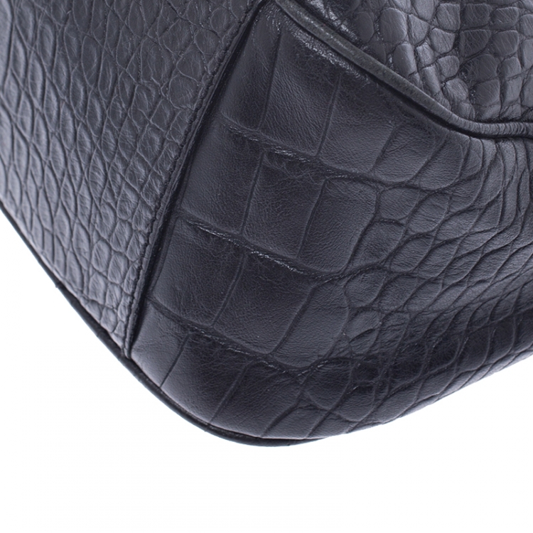 Pre Owned Aigner Black Croc Embossed Leather Shoulder Bag