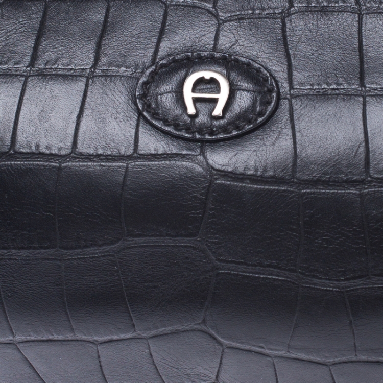 Pre Owned Aigner Black Croc Embossed Leather Shoulder Bag