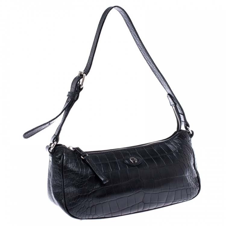 Pre Owned Aigner Black Croc Embossed Leather Shoulder Bag