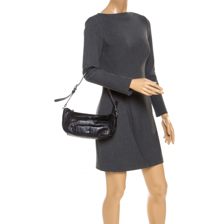 Pre Owned Aigner Black Croc Embossed Leather Shoulder Bag