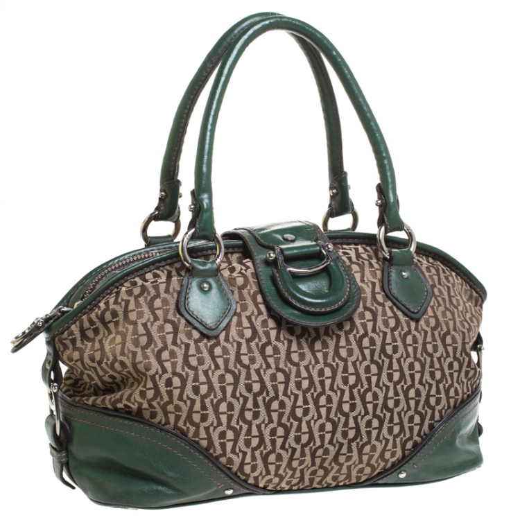 Pre Owned Aigner Green Signature Canvas and Leather Buckle Flap Satchel