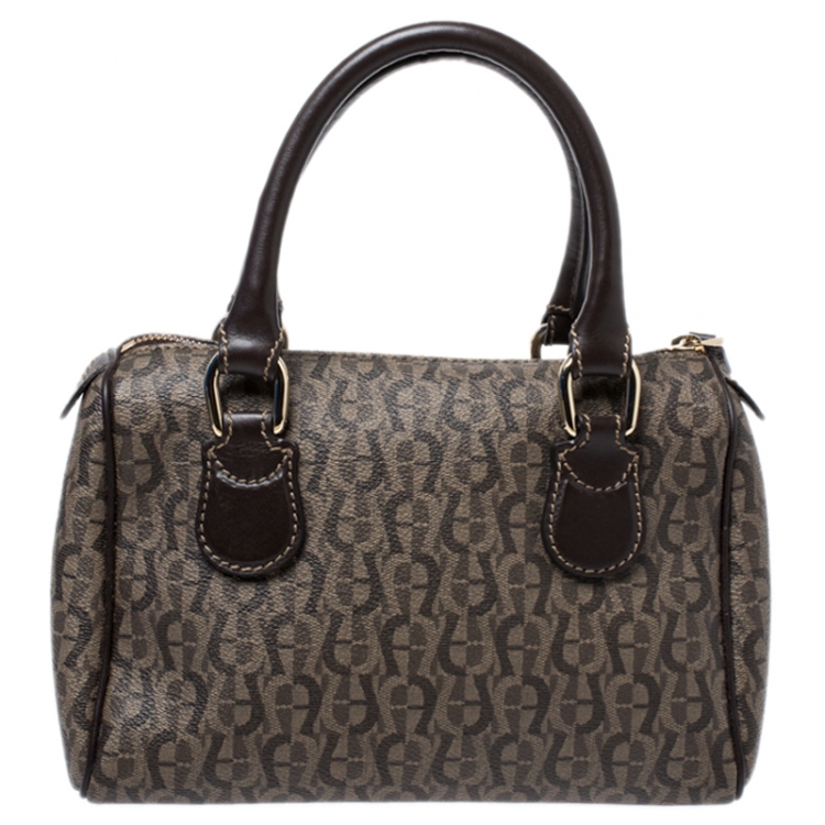 Pre Owned Aigner Dark Brown Zoe Coated Canvas Mini Boston Bag