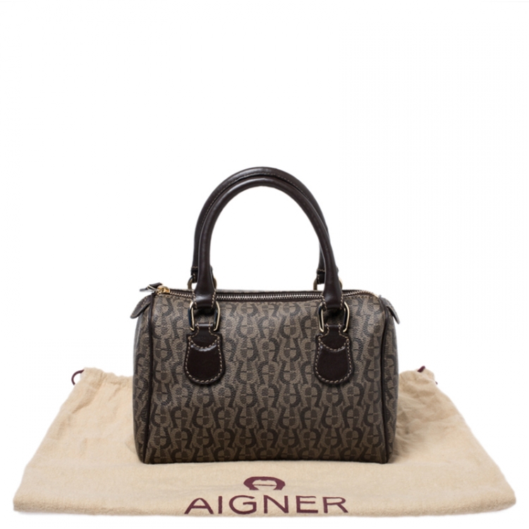 Pre Owned Aigner Dark Brown Zoe Coated Canvas Mini Boston Bag