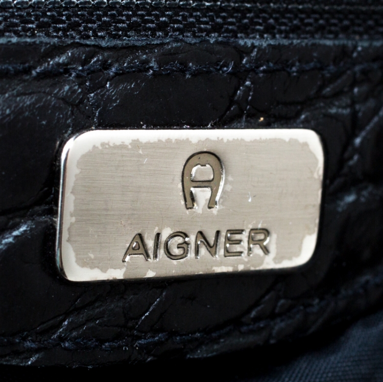 Pre Owned Aigner Black Crocodile Embossed Leather Shoulder Bag