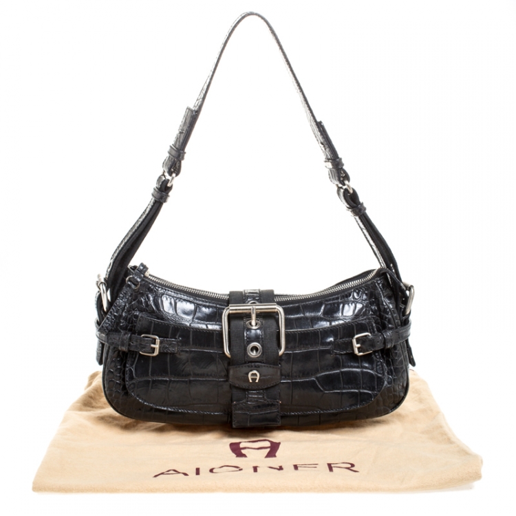 Pre Owned Aigner Black Crocodile Embossed Leather Shoulder Bag