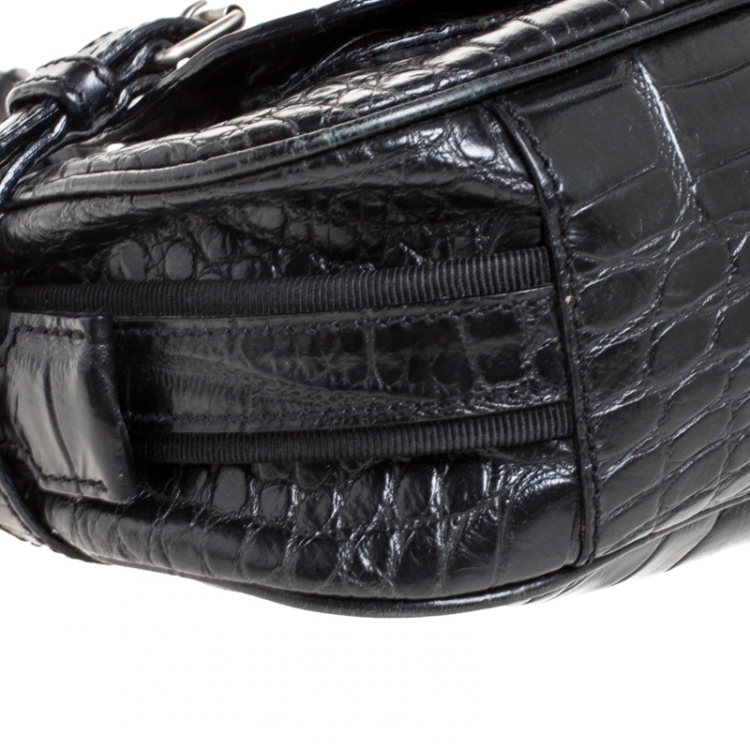 Pre Owned Aigner Black Crocodile Embossed Leather Shoulder Bag
