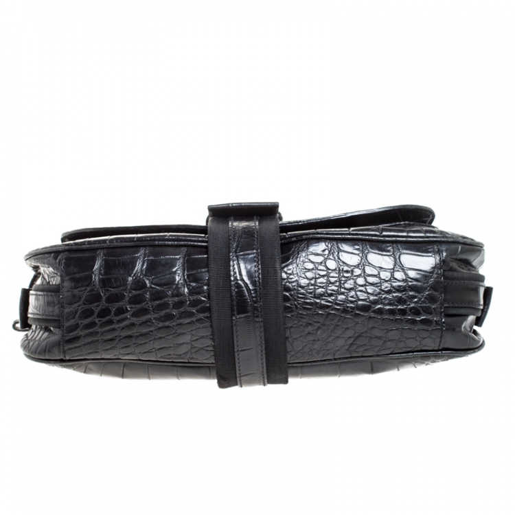 Pre Owned Aigner Black Crocodile Embossed Leather Shoulder Bag