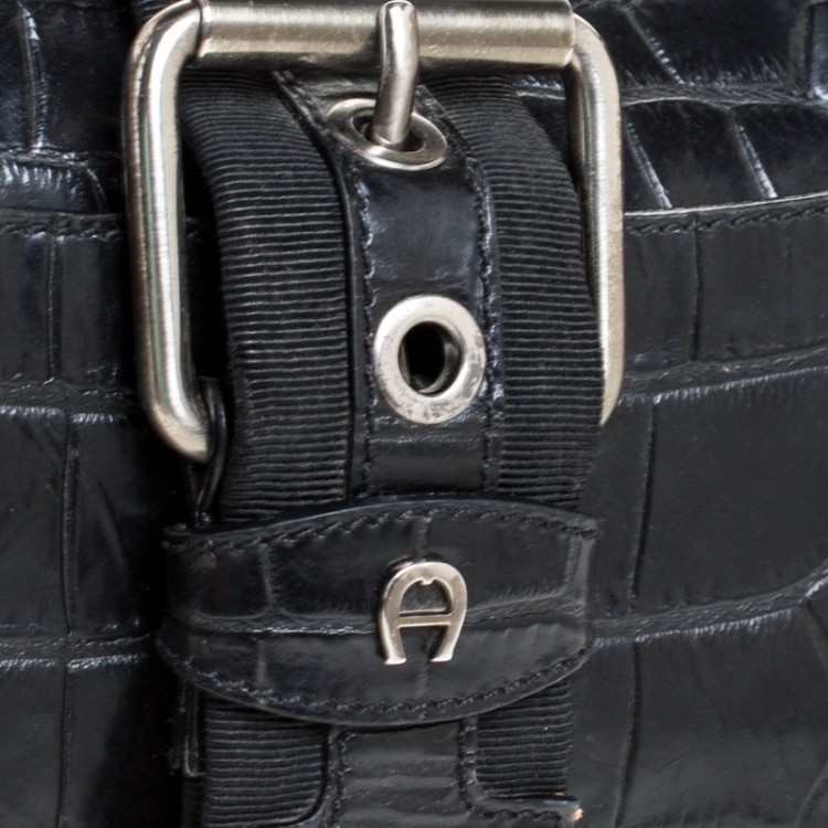 Pre Owned Aigner Black Crocodile Embossed Leather Shoulder Bag