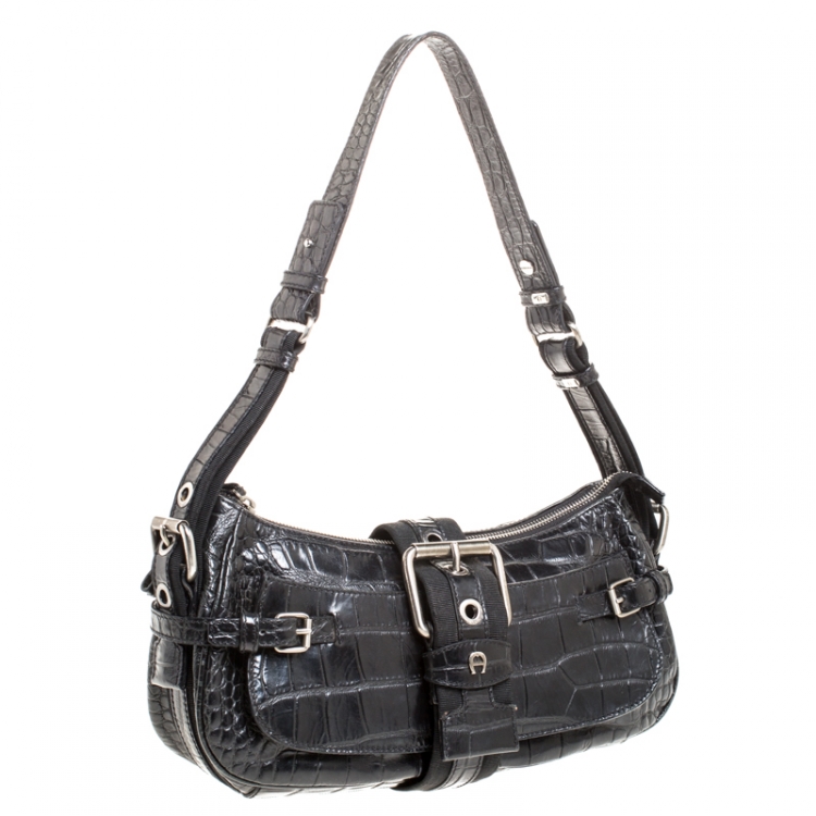Pre Owned Aigner Black Crocodile Embossed Leather Shoulder Bag