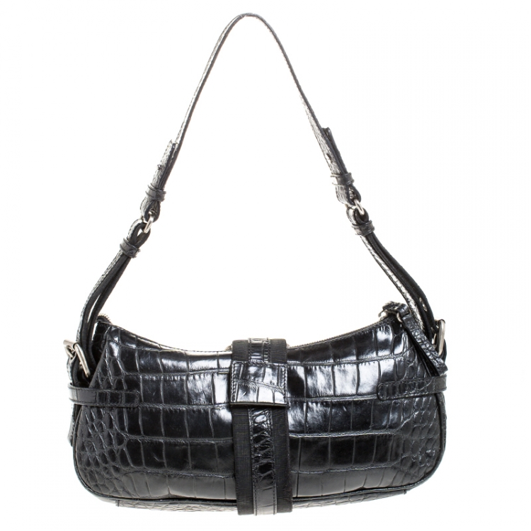 Pre Owned Aigner Black Crocodile Embossed Leather Shoulder Bag