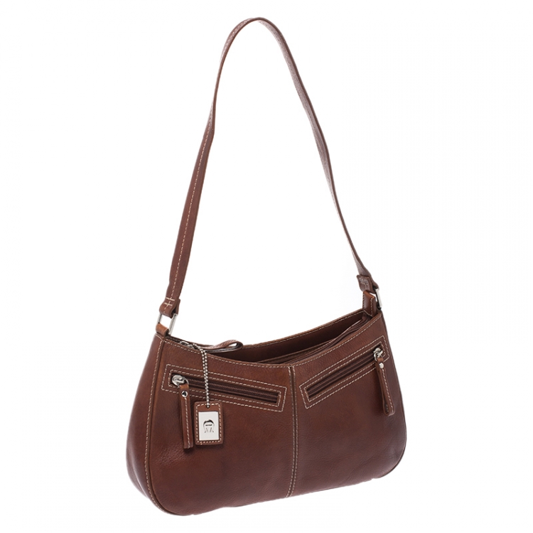 Pre Owned Aigner Brown Leather Front Zipped Shoulder Bag