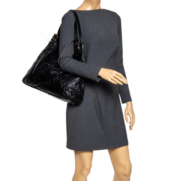 Pre Owned Aigner Black Chain Embossed Leather Hobo