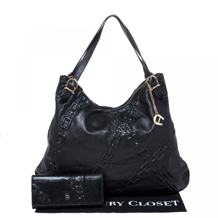 Pre Owned Aigner Black Chain Embossed Leather Hobo
