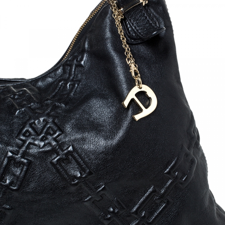 Pre Owned Aigner Black Chain Embossed Leather Hobo