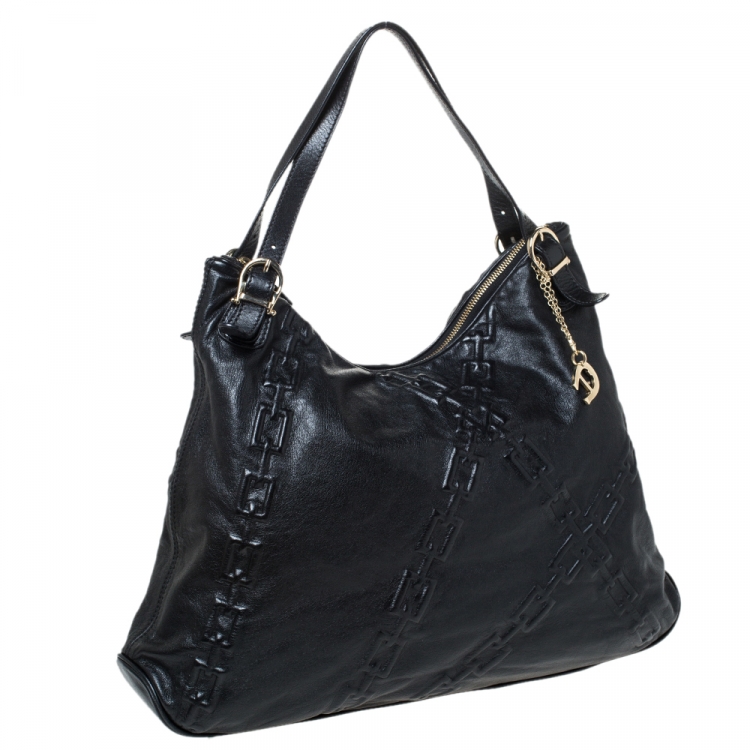Pre Owned Aigner Black Chain Embossed Leather Hobo