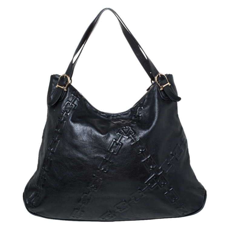 Pre Owned Aigner Black Chain Embossed Leather Hobo