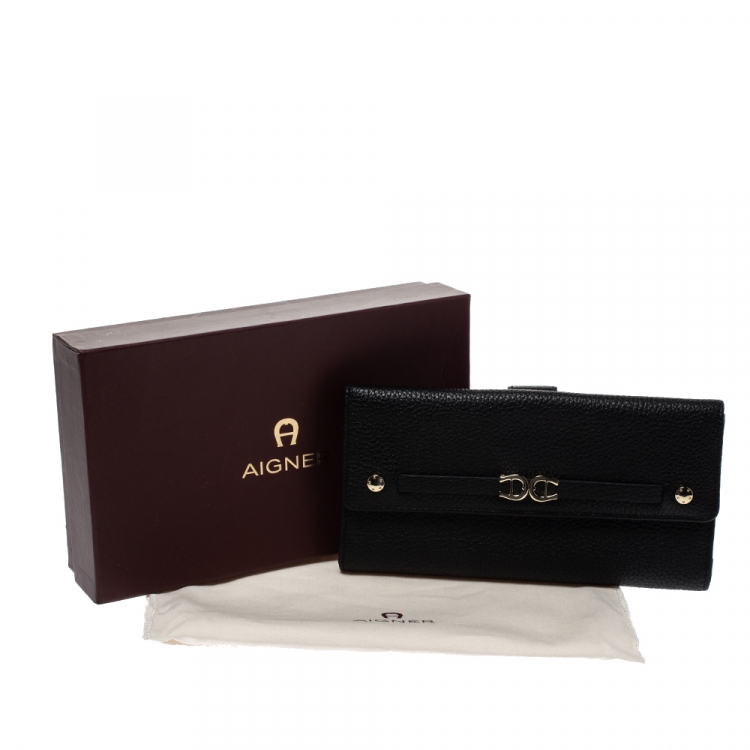 Pre Owned Aigner Black Leather Flap Continental Wallet 