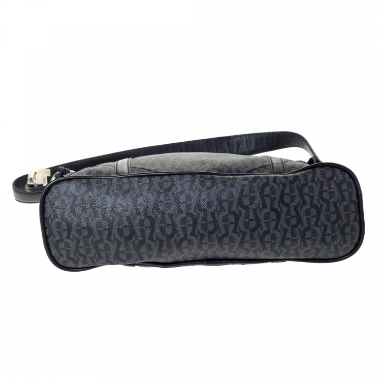 Pre Owned Aigner Black Signature Coated Canvas and Leather Zip Shoulder Bag