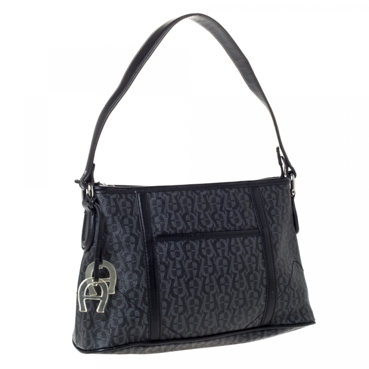 Pre Owned Aigner Black Signature Coated Canvas and Leather Zip Shoulder Bag