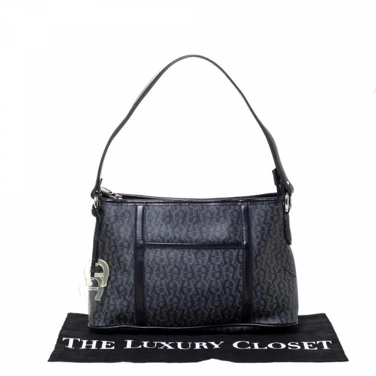 Pre Owned Aigner Black Signature Coated Canvas and Leather Zip Shoulder Bag