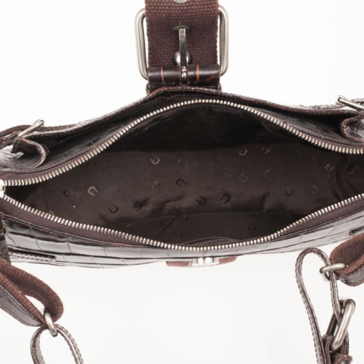 Pre Owned Aigner Brown Crocodile Embossed Leather Shoulder Bag