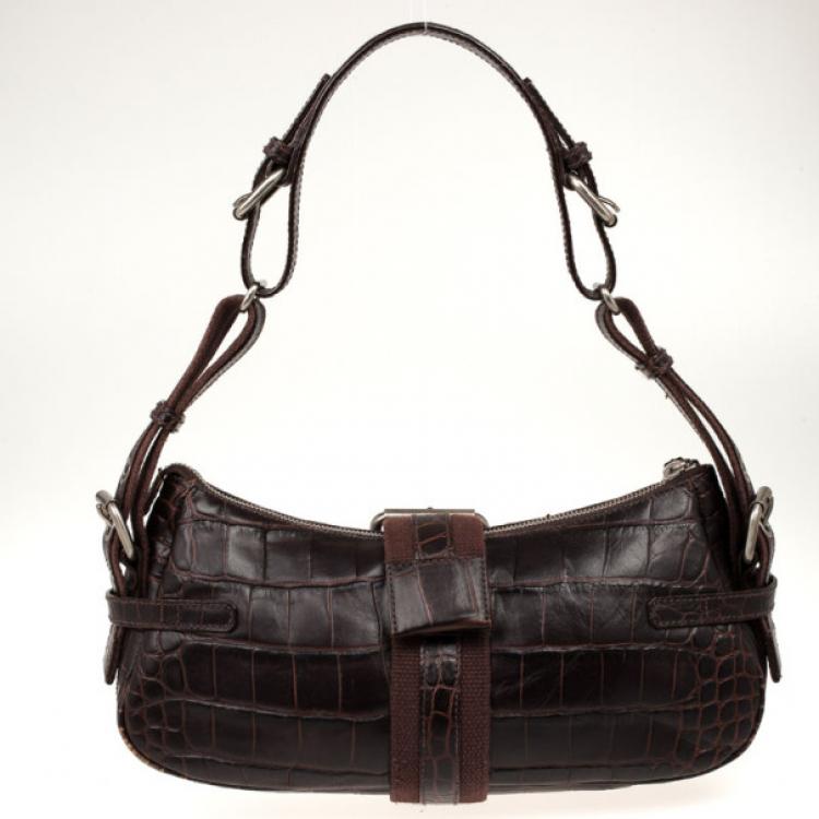 Pre Owned Aigner Brown Crocodile Embossed Leather Shoulder Bag