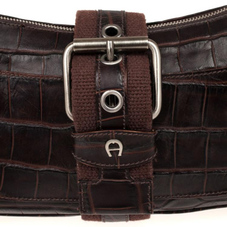 Pre Owned Aigner Brown Crocodile Embossed Leather Shoulder Bag