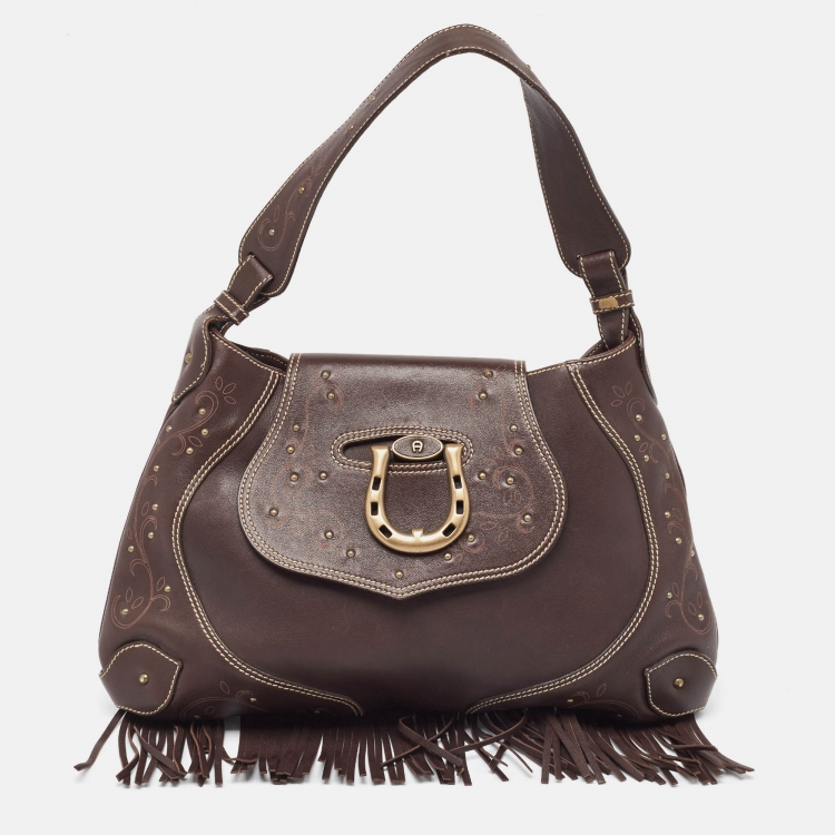 Aigner Dark Brown Leather Fringe Hobo Aigner The Luxury Closet