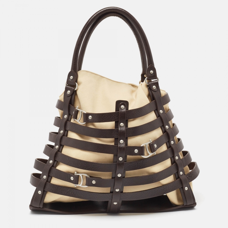 Pre Owned Aigner Brown/Cream Canvas and Leather Damascus Belted Tote