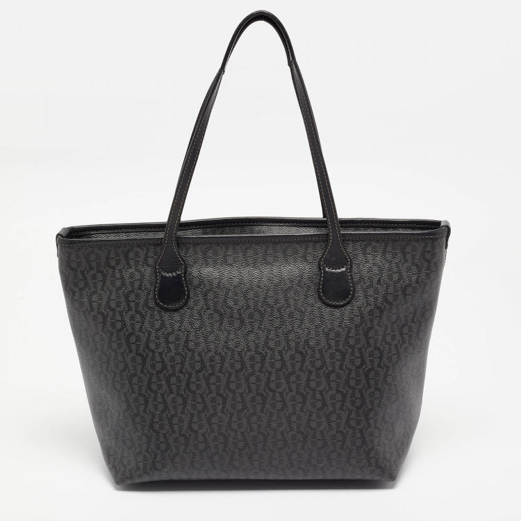 Pre Owned Aigner Black/Grey Monogram Coated Canvas and Leather Top Zip Tote