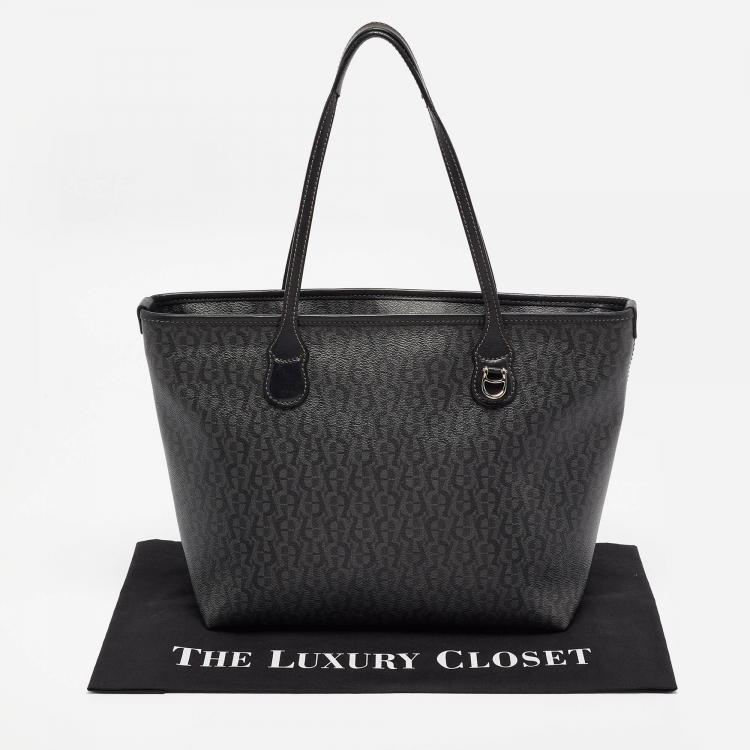 Pre Owned Aigner Black/Grey Monogram Coated Canvas and Leather Top Zip Tote