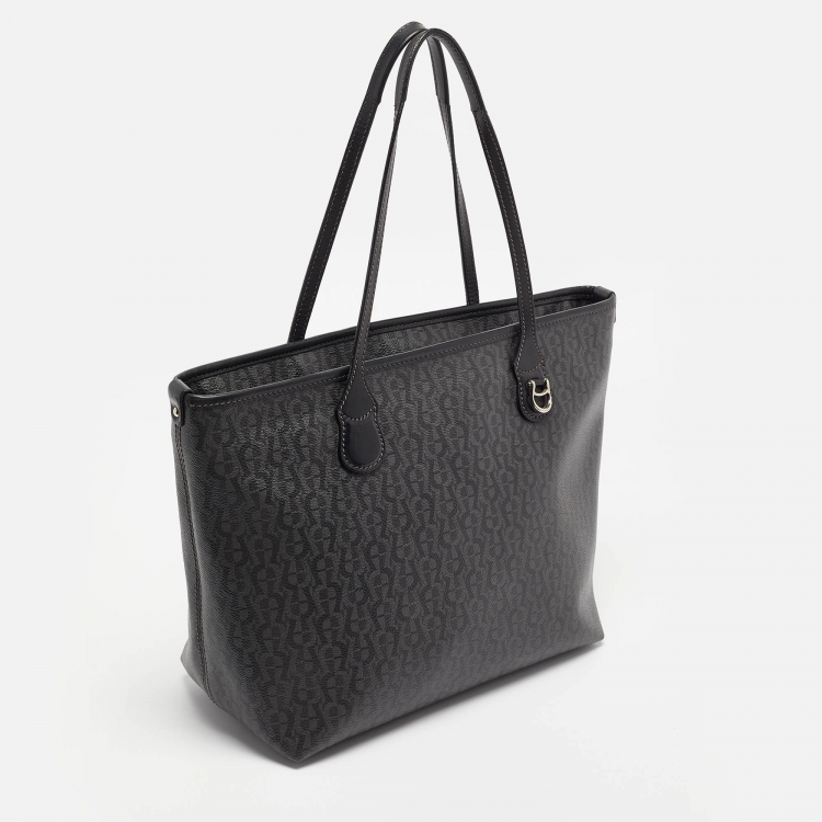 Pre Owned Aigner Black/Grey Monogram Coated Canvas and Leather Top Zip Tote