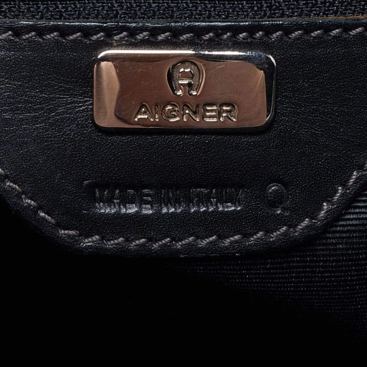 Pre Owned Aigner Black/Grey Monogram Coated Canvas and Leather Top Zip Tote