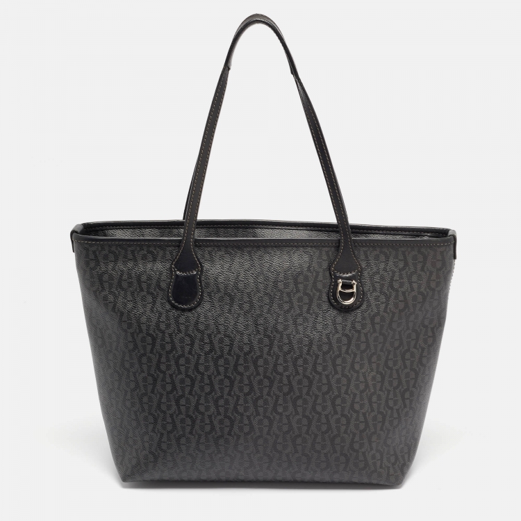 Pre Owned Aigner Black/Grey Monogram Coated Canvas and Leather Top Zip Tote