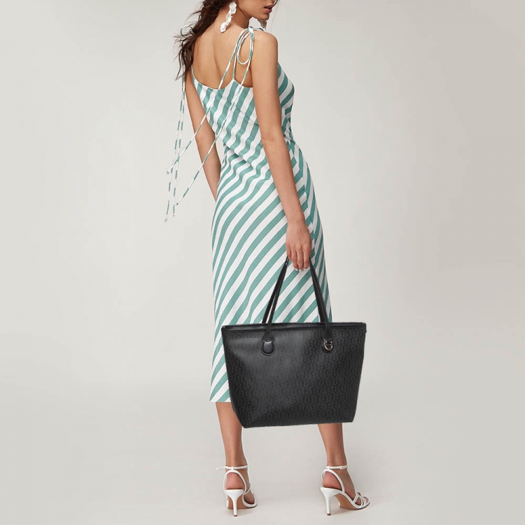 Pre Owned Aigner Black/Grey Monogram Coated Canvas and Leather Top Zip Tote